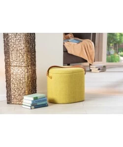 Pouf giallo con contenitore e maniglia in ecopelle, 42x30x36cm